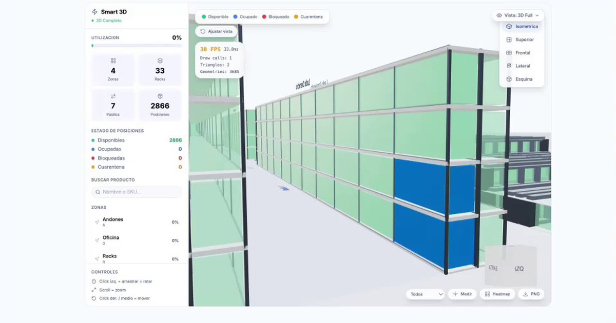 Air Hive WMS Smart 3D interface showing a warehouse digital twin with zones, racks and positions